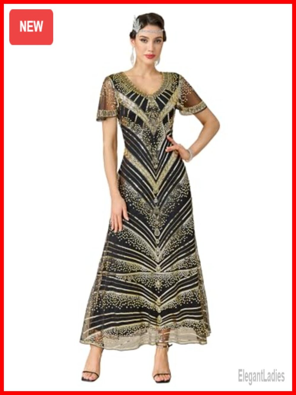 Women's Flapper Dress 1920s V-Neck Sequin Beaded Maxi Evening Party